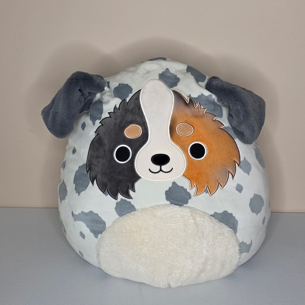 Squishmallows Raylor Australian Shepherd Kids 16 Inch White Grey Spots Dog Plush